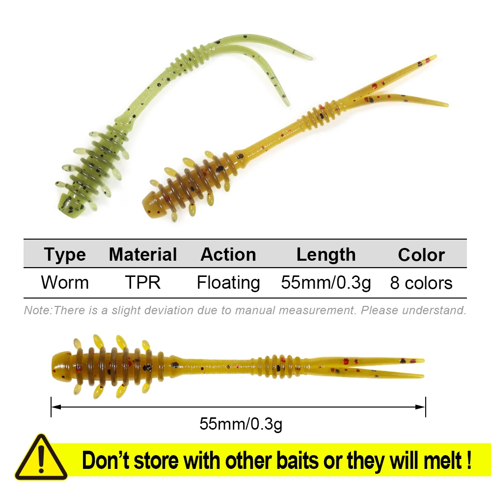 RoseWood Split Tail Ajing Worm Fishing Lure 55mm 0.3g TPR Soft Bait Light Game Double Color Artificial Plastic Rockfish Tackle