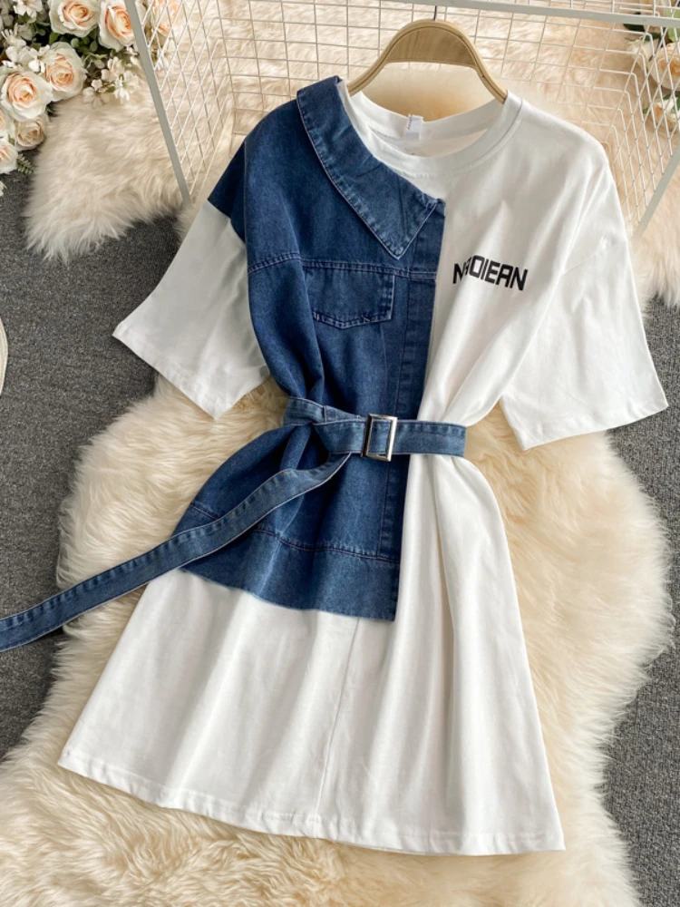 

Women Round Neck Short Sleeved Loose Casual Denim Patchwork Dress Summer High Waist Midi Irregular T-shirt Dresses vestidos