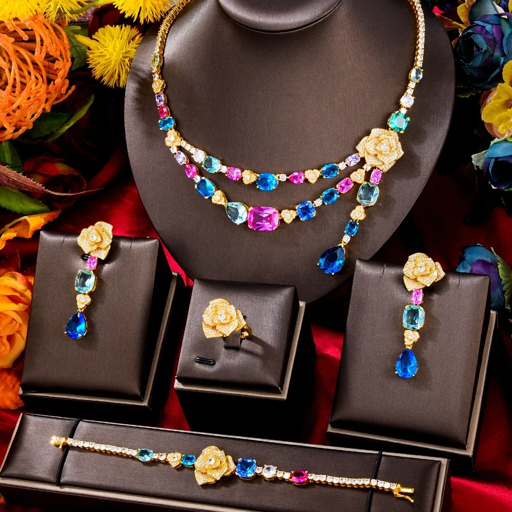 

Jimbora Original Romantic Necklace Bracelet Rings Earrings Set Luxury Romantic Blooming Flowers for Bridal Wedding Jewelry Set