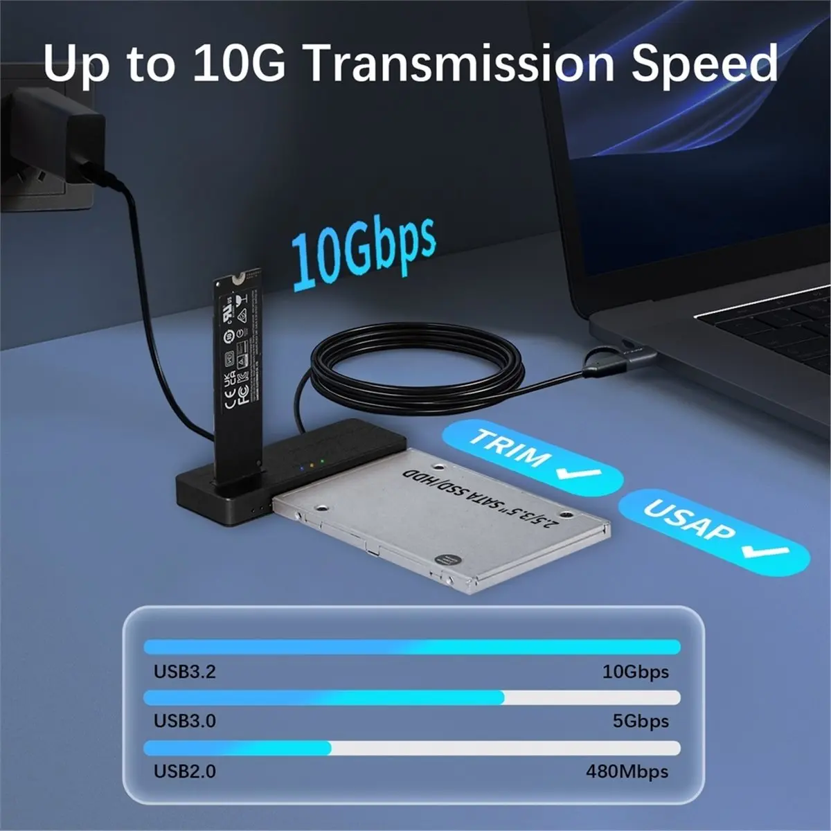 10Gbps M.2 NVMe SATA SSD Enclosure, PCIe NVMe Adapter, USB 3.2 External Hard Drive Reader, M-Key for All M.2/SATA SSDs