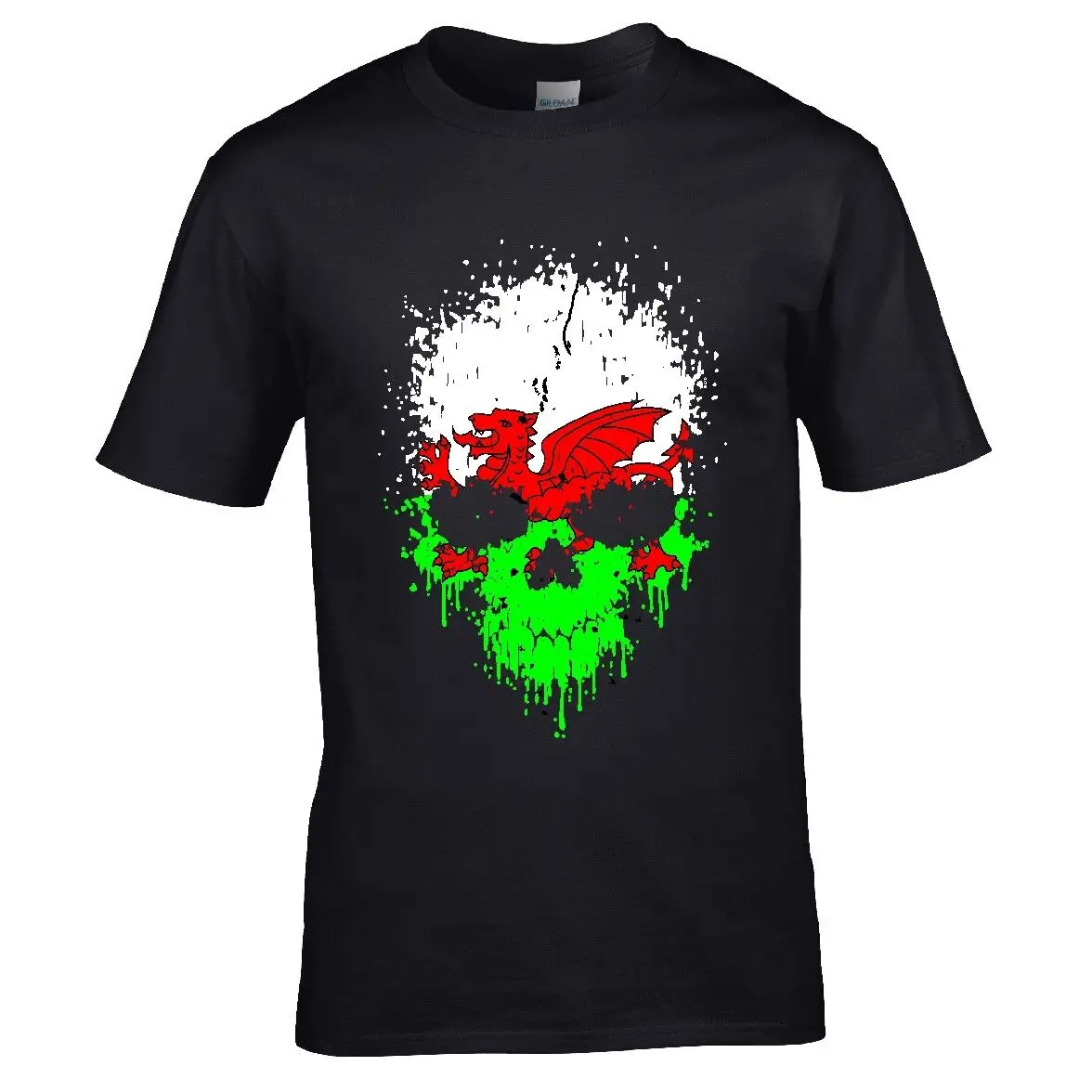 Aged Dripping Gothic Skull & Welsh Dragon Wales CYMRU flag mens t-shirt top gift