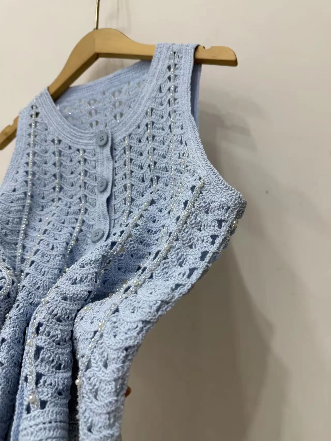 

2026 Spring/Summer Women O-Neck Crochet Hollow Solid Knit Set Sleeveless Single Breasted Tank Top + Hign Waist Fashion Shorts