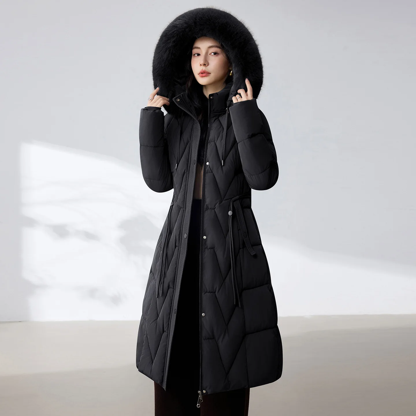 

Women's Thickened Cotton Coat Winter High-end Fashionable Warm Large Fur Collar Jacket Slim-fit with Drawstring Pocket Outwear