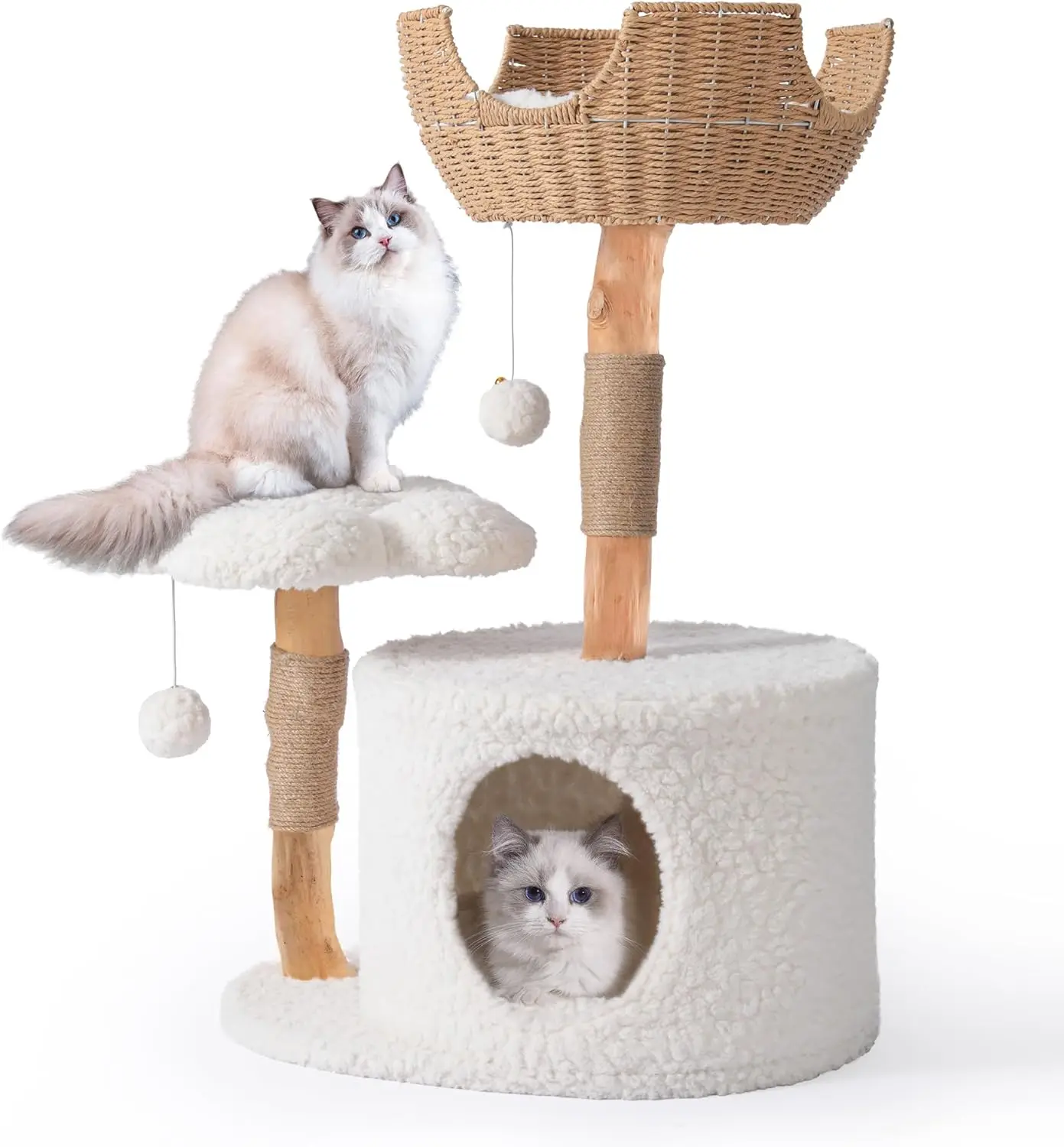 Mat,Hand-Woven Basket and Flower Platform & Cat Condo,Cute Aesthetic Cat Tree with Scratching Posts for Large Cats