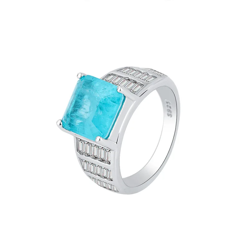 

New fashion trend S925 silver inlaid 5A zircon Pa blue emerald green Paraiba temperament ring ladies