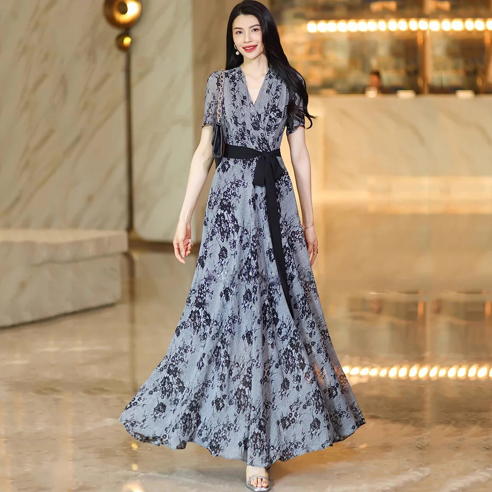 

New Women Elegant Gentle Long Dress Summer Fashion V-Neck Short Sleeve High Waist Slim Dress Black Gray Print Beautiful Dress