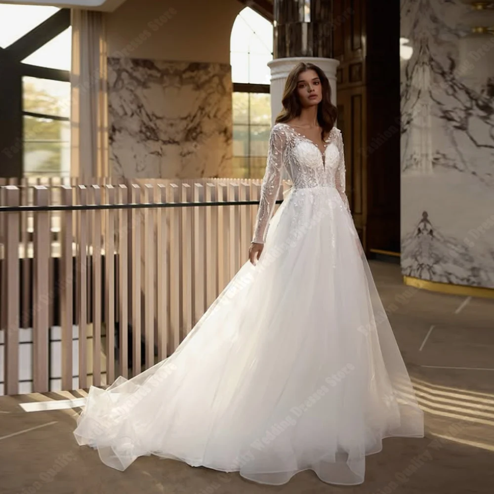 

Charming A-Line Tulle Wedding Dresses For Women Exquisite Lace Applique Bride Gowns Shiny Plus Size Vestidos De Novia Customized