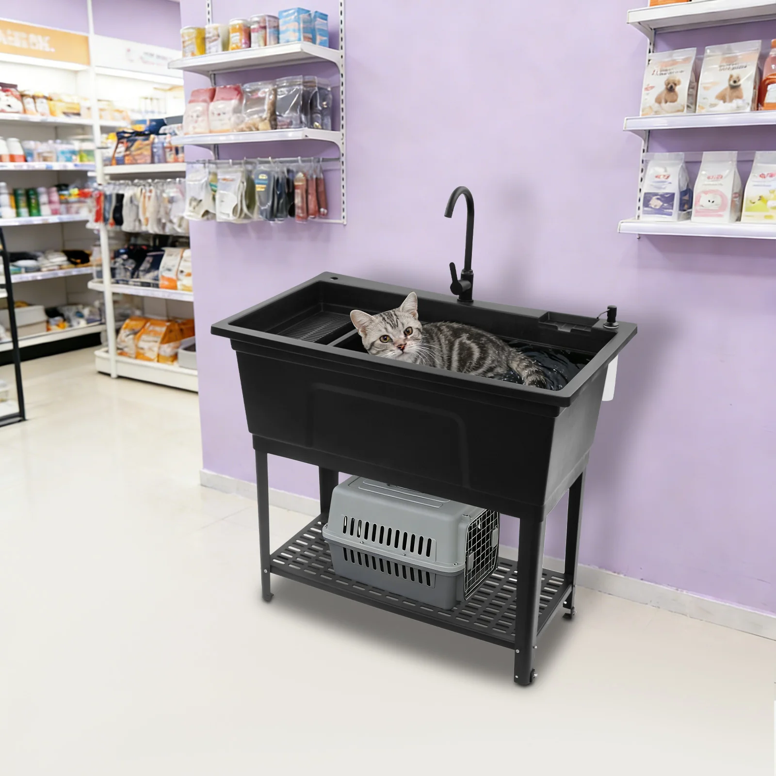 Freestanding Kitchen Sink 39.9x15x23.6 Inch PP Utility Sink with Drain Rack Soap Dispenser 220lbs Capacity