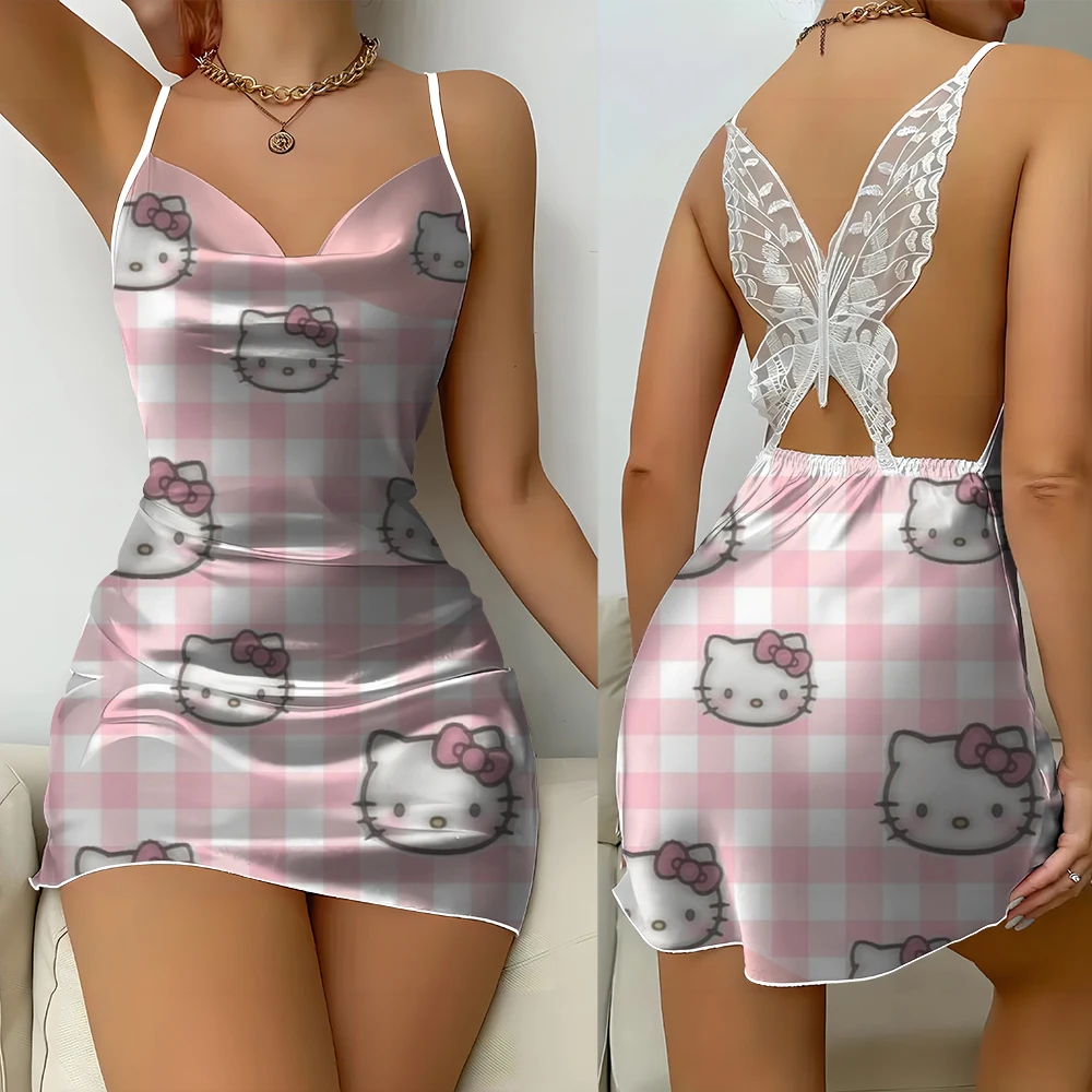 Hello Kitty print summer women lace backless butterfly satin sexy nightdress role play party elegant dress home clothes pajamas