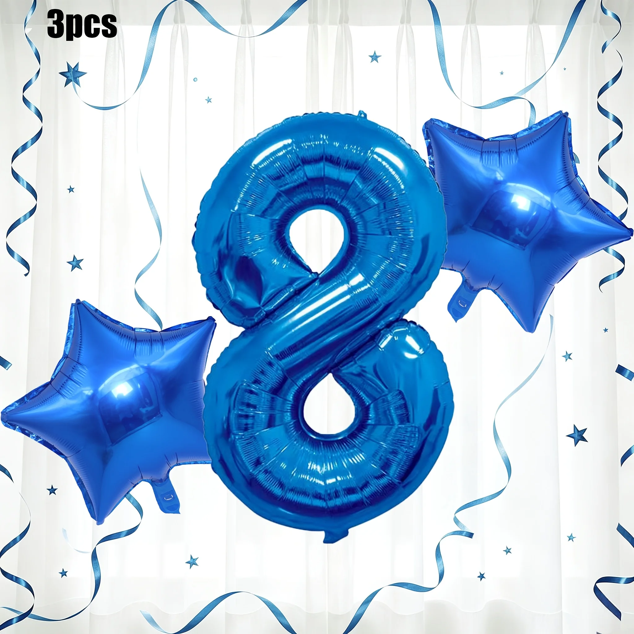 3Pcs- 32inch Birthday Number Balloons 0-9, Blue Balloon Theme, Star-Shaped Foil Balloons for Birthday Party Decor Party Supplies