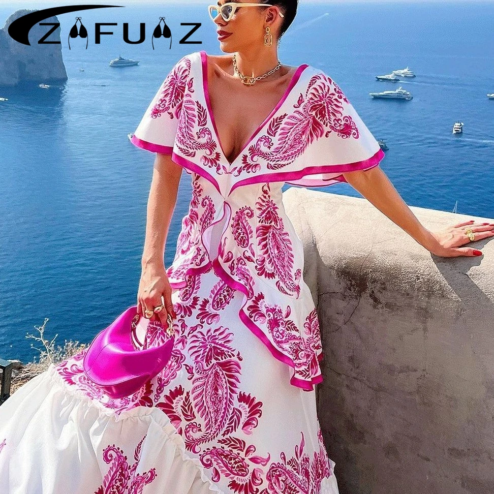 Deep V One-piece Long Beach Skirt Floral Ruffle Edge Cut Out Sexy Seaside Vacation Swimwear Half Sleeves Elegent Long Dresses