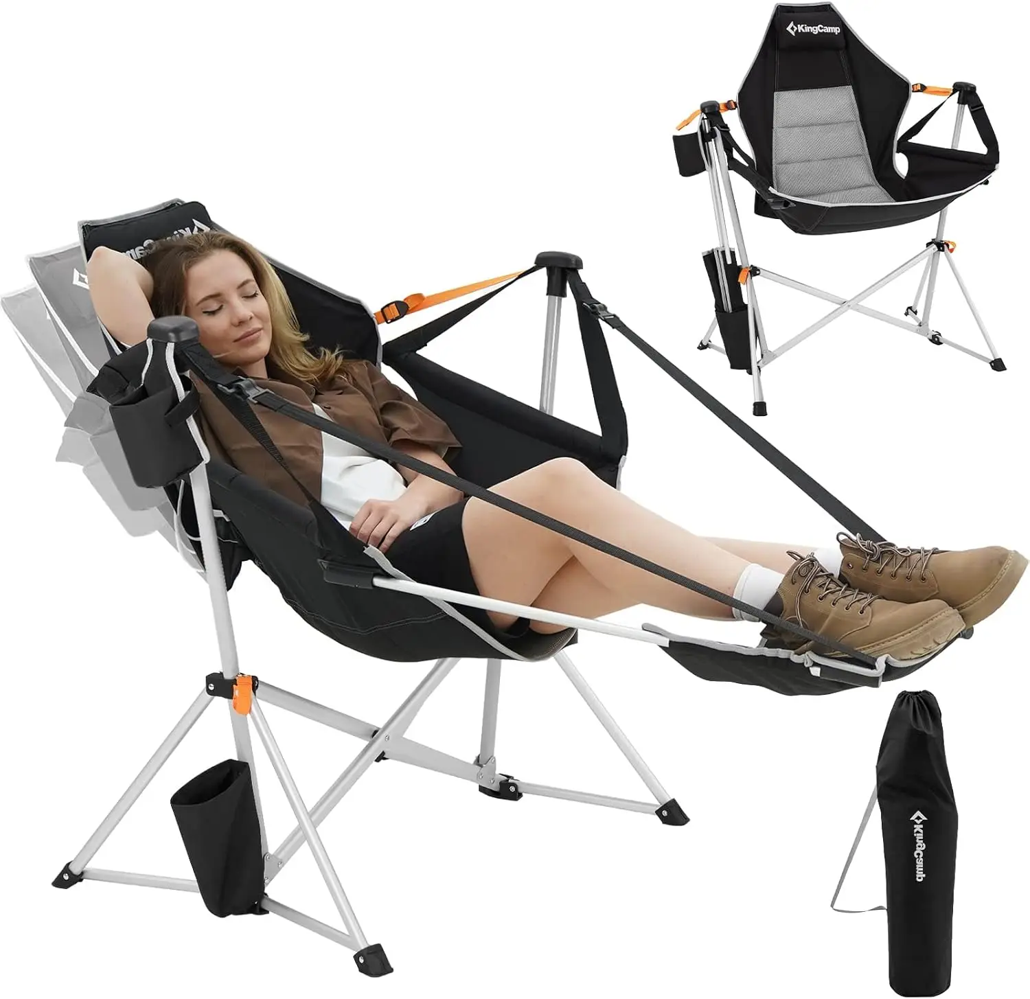 Camping Chair, Hammock Chair, Folding Rocking Chair, Aluminum Adjustable Back Swing Chair, Chair with Removable Footrest Pillow