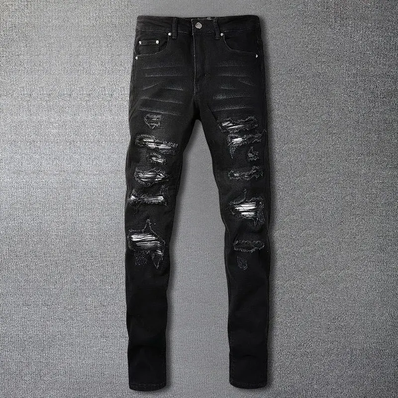 

Black Street Retro Ripped Stitching Jeans Men Motorcycle Pants Men's Punk Jeans Hip Hop Ripped Designer Jeans Men's Pant