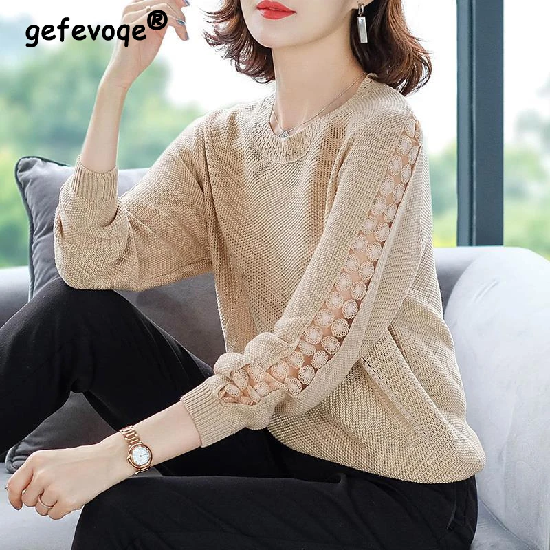 Women Trendy Hollow Lace Patchwork Elegant Knitwear Korean Solid O Neck Loose Pullover Tops Casual Long Sleeve All Match Sweater