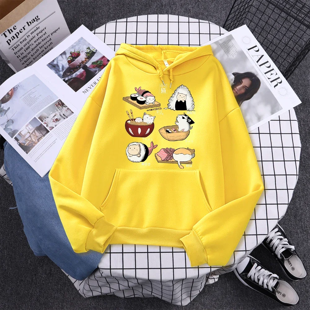 Sushi Katzen Tag Harajuku Gedruckt Hoody Damen Mode Kleidung Herbst Fleece Sweatshirt Casual Rundhals Weibliche Streetwear