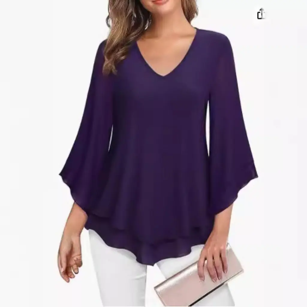 

Women's Double-Layer Pleated Cropped Top Chiffon Shirt Solid Color Bell Sleeve Waist Design European And American Style