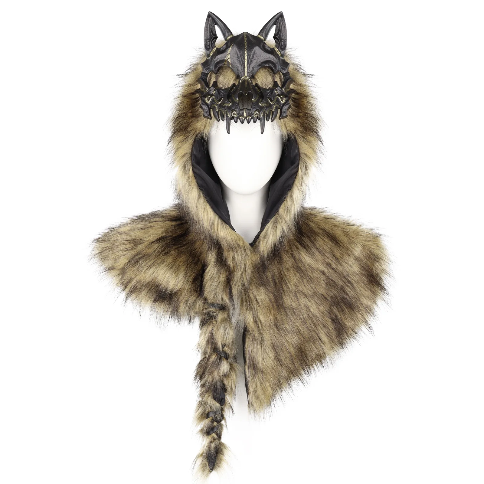 Archi Handwork Faux Fur Medieval Viking Wolf Skull Mantle Hat Shoulder Cloak Headwear Headgear Halloween Cosplay Props