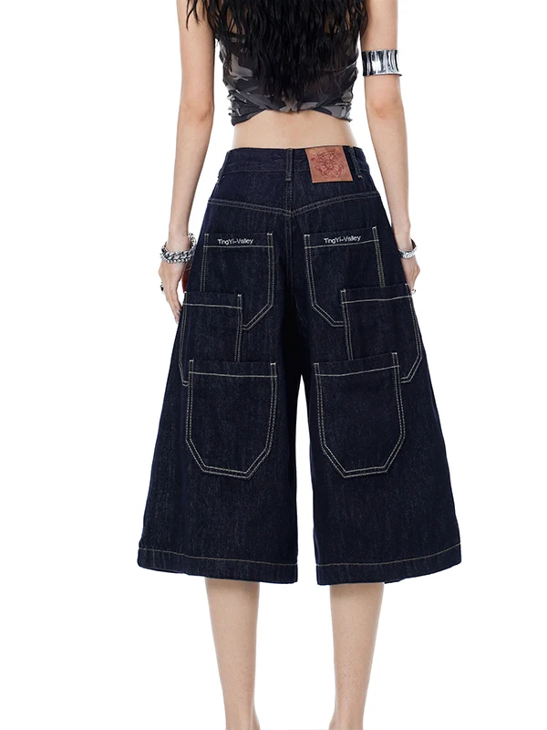 

American Style Dark Multi-Pocket Workwear Seven-Foot Jeans Women Summer New Design Loose Straight Casual Pants High Waist Wid...