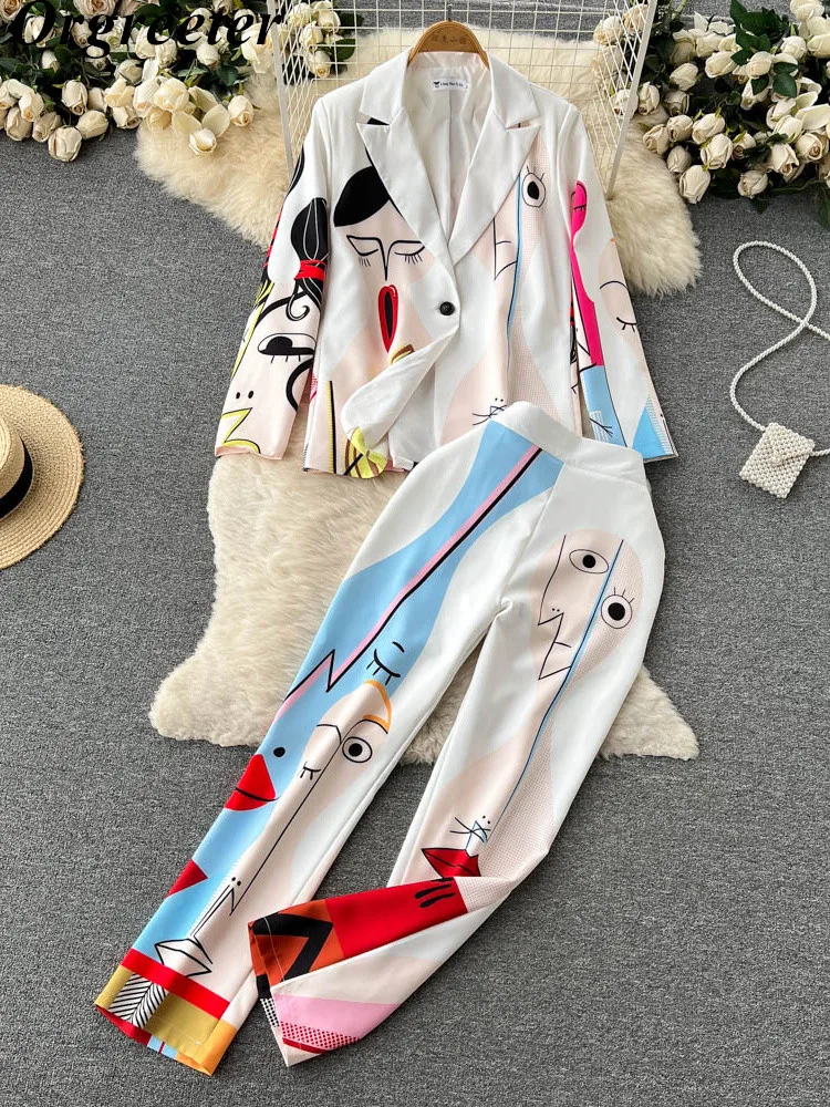 Retro Fashion Abstract Printing Blazer&Pants Two Piece Set Women outfits Professional Long Sleeve Jacket Trousers Suits Female