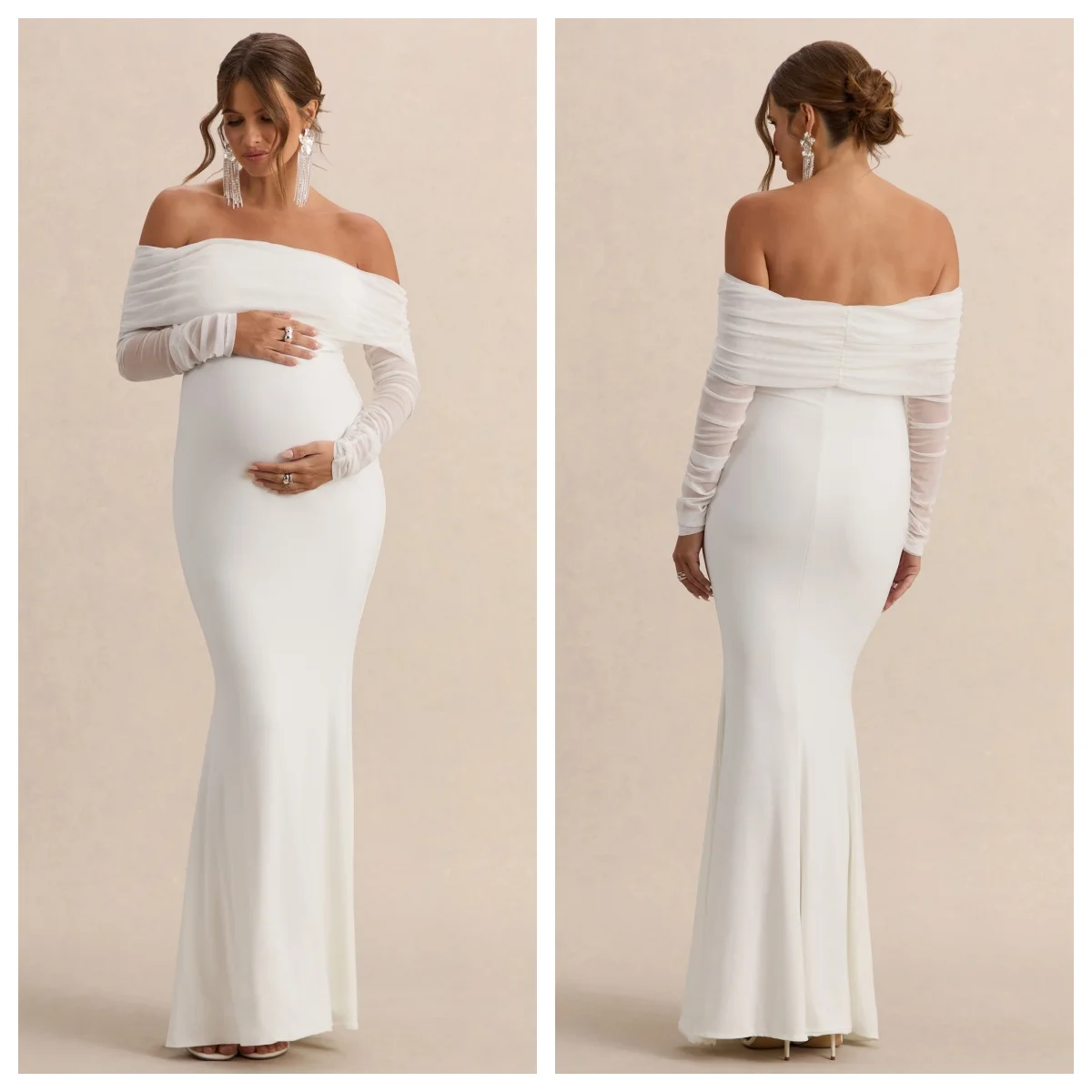 

Plus-Size Women White Maternity Ruched Mesh Bardot Maxi Dress Off-The-Shoulder Fitting Stretch Fishtail Skirt Pregnant Woman