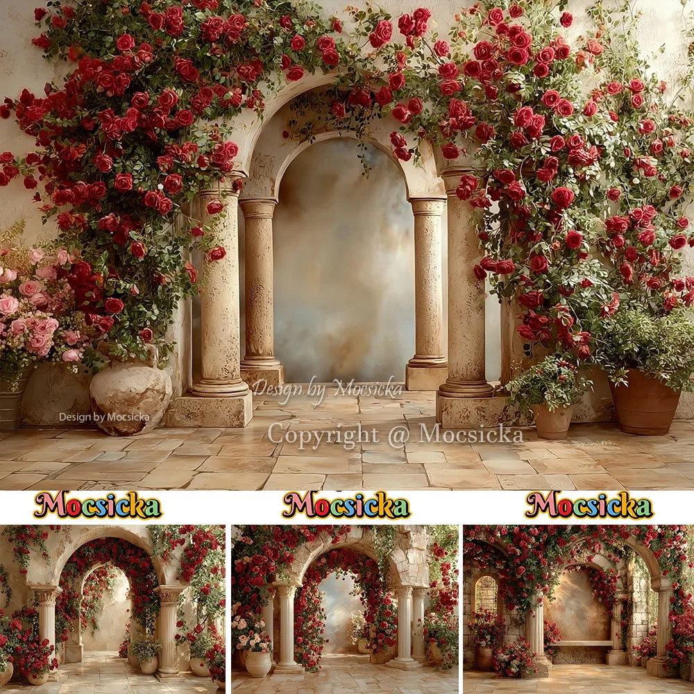 Mocsicka Vintage Garden Backdrop Maternity Photography Retro Column Arch Door Red Rose Valentine Day Background Wedding Photo