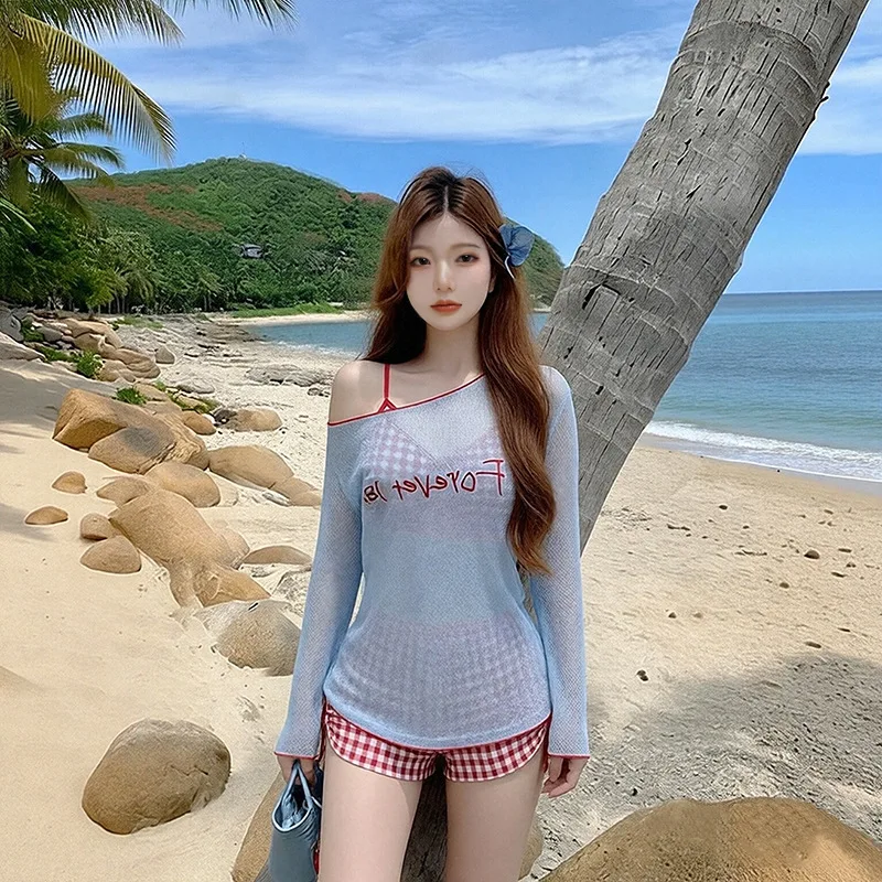Women's Bikini Set  Blue Mesh Letter Print Long Sleeve Cover Up Red Gingham Drawstring Shorts Summer Beach Bathing Suit Swimwear view 2