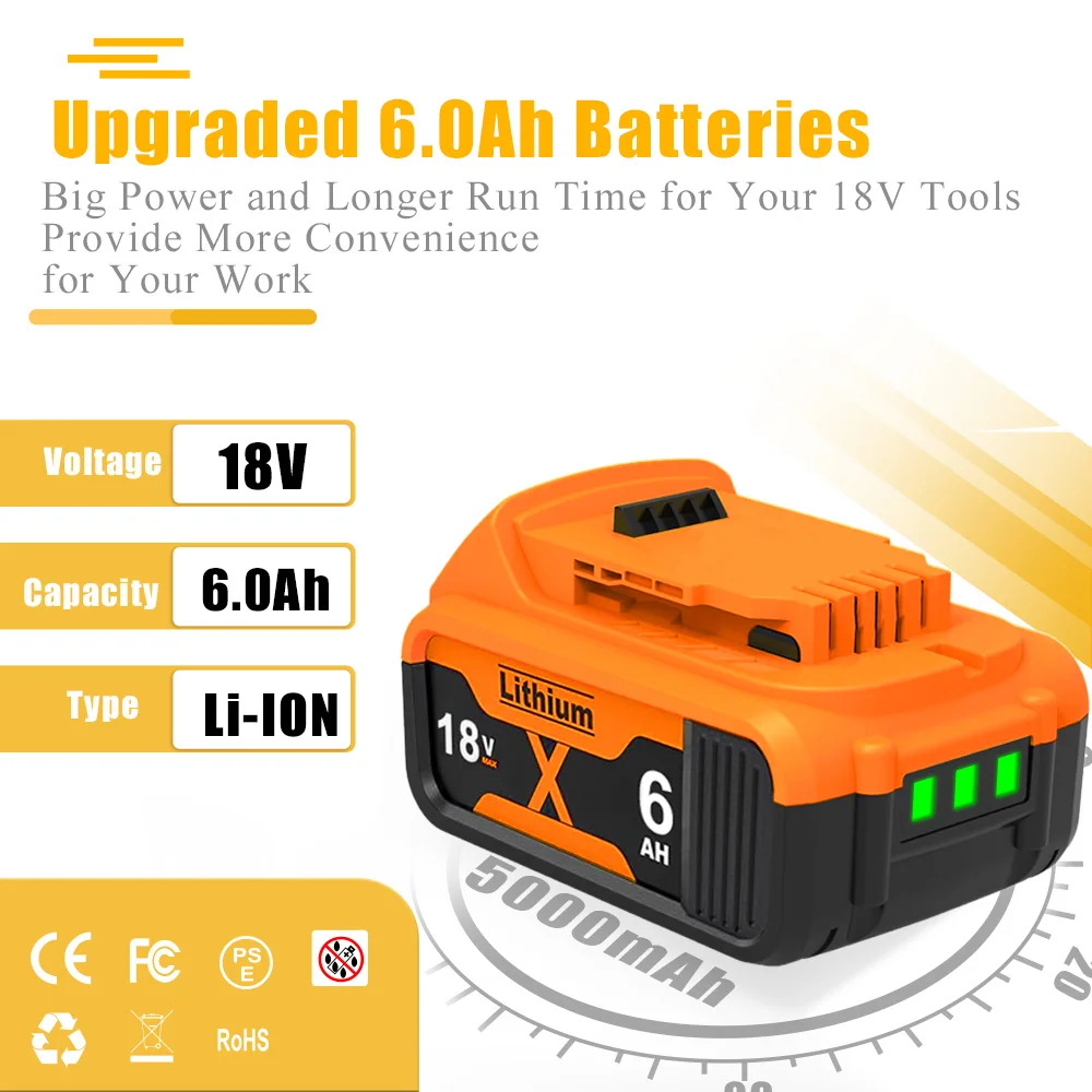 Akumulator litowy 6000mAh do Dewalt DCB200 20V, zamiennik DCB205 DCB206 DCB209 DCB181 DCB182, do elektronarzędzi, z ładowarką 6A — zdjęcie produktu 3