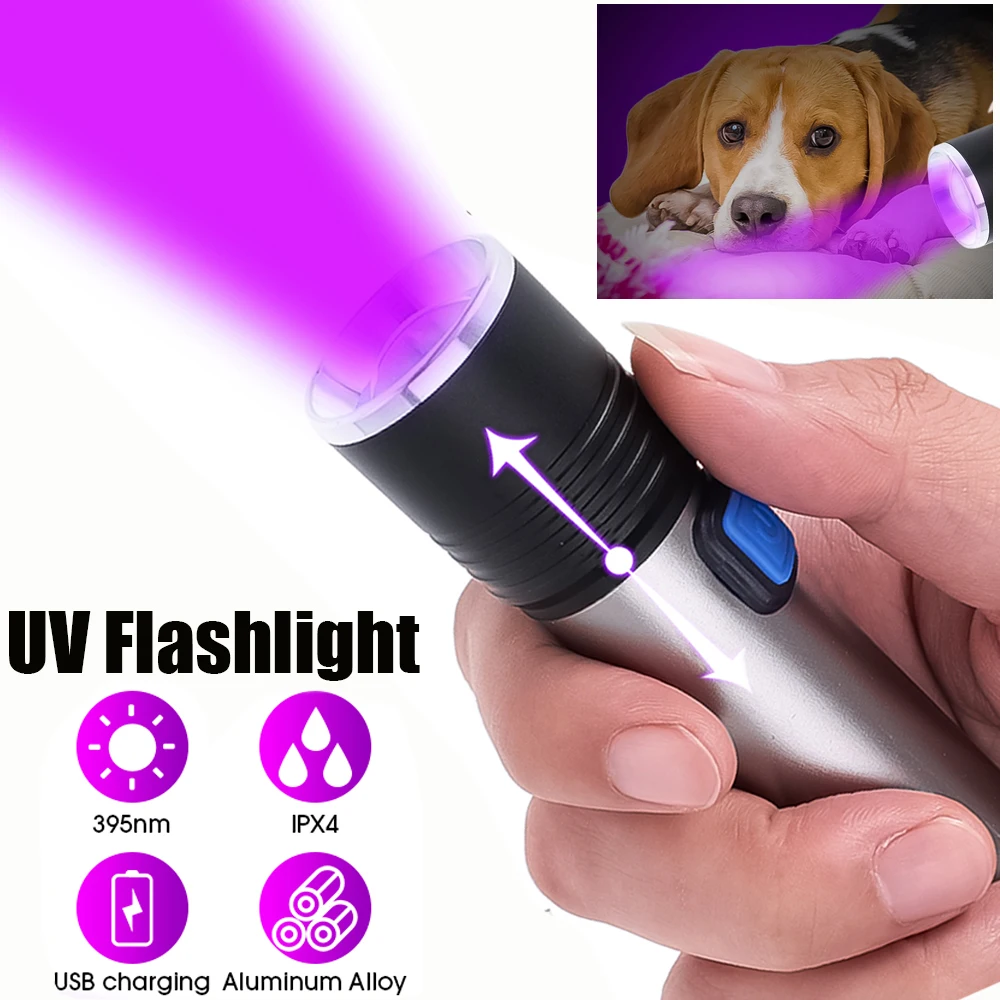 LED Mini UV Flashlight Ultraviolet 395nm Telescopic Zoom Torch Lamp USB Rechargeable Fluorescent Agent Detection Flashlight Lamp