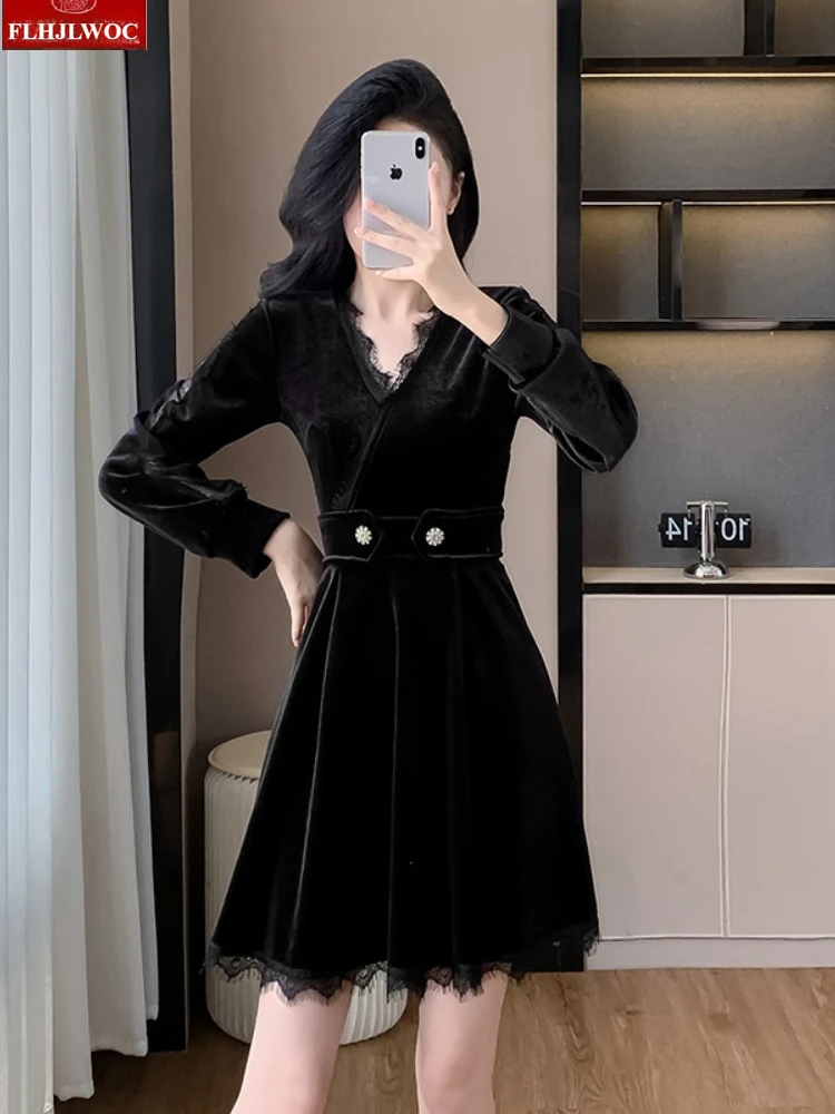 Robes chemise rétro en velours noir, nouvel an, fête de noël, filles mignonnes, femme, manches longues, boutons perlés scintillants, Mini robe en dentelle noire