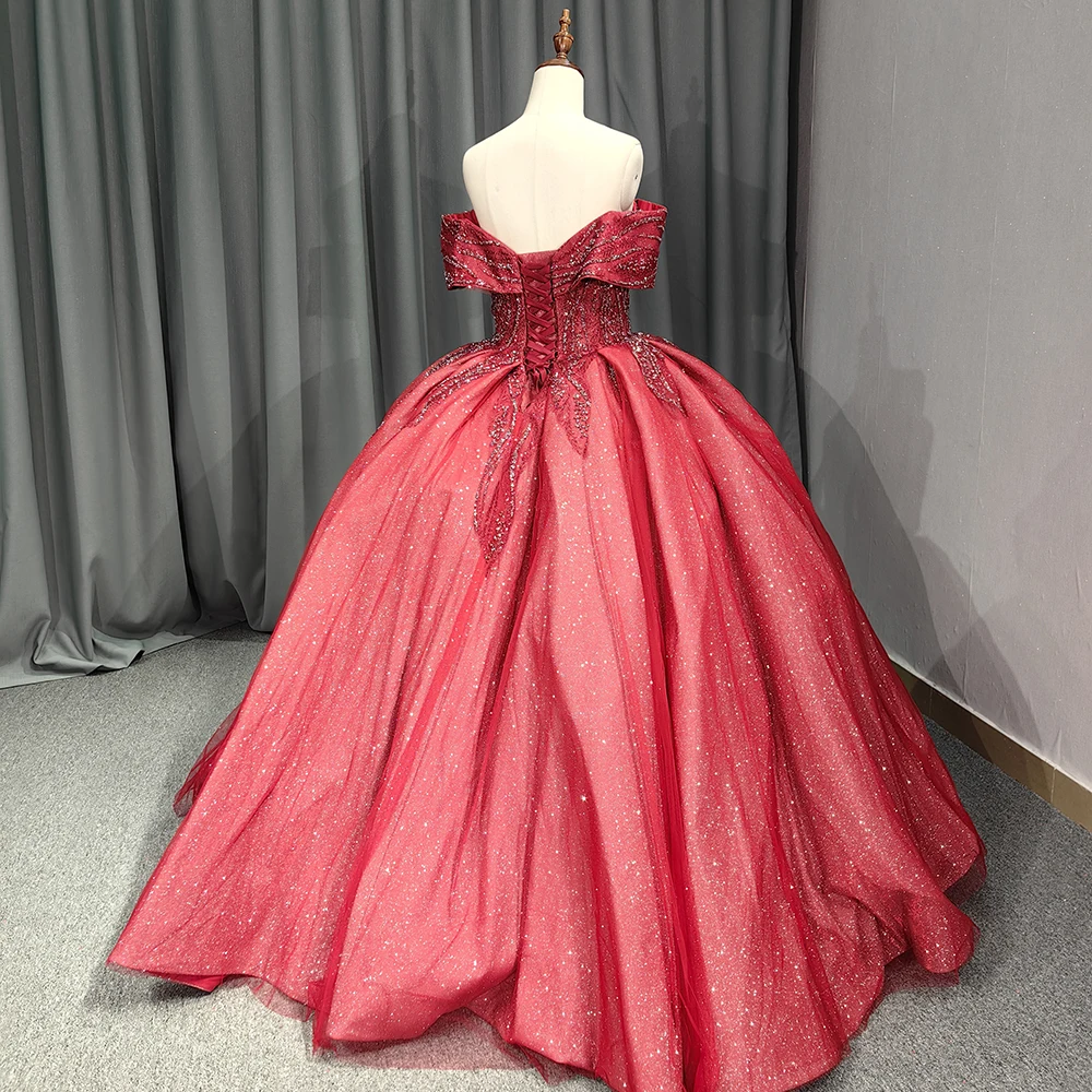 Red Queen Style Off The Shoulder Sparkle Ball Gown Wedding Dress Beadings Glitter Tulle Evening Dress 9830-2