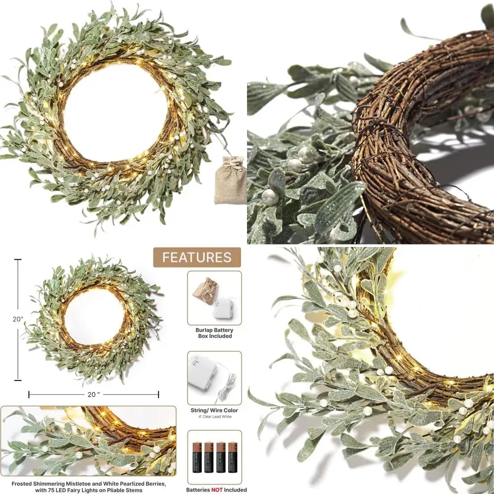 

Farmhouse Style Indoor/Outdoor 20 Inch Flocked Wreath with Mistletoe, Pearly Berries, 75 LED Lights, Battery-Powered Timer