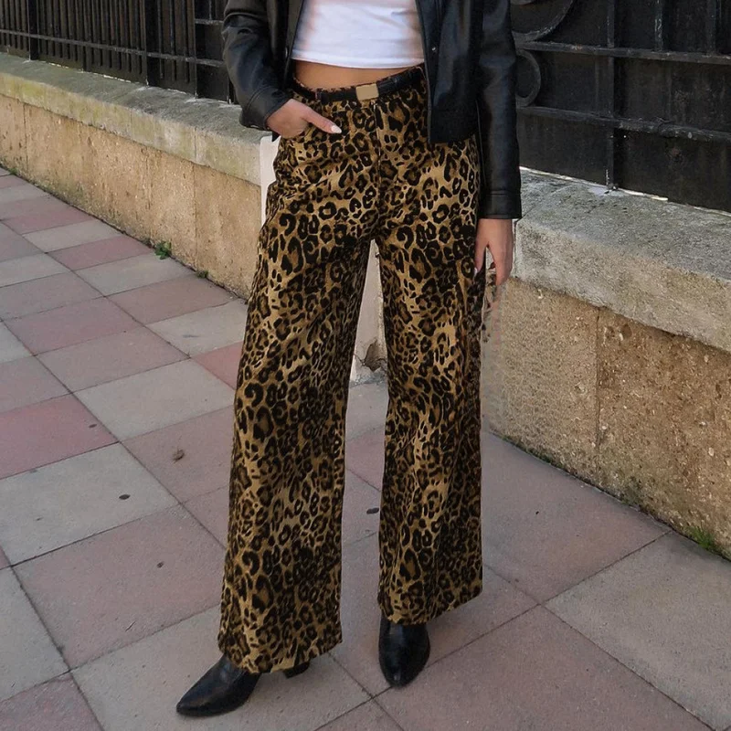 QICHE Women 2026 Fall Winter Commuter Cotton Leopard‑Print Design‑Inspired Casual Long Pants