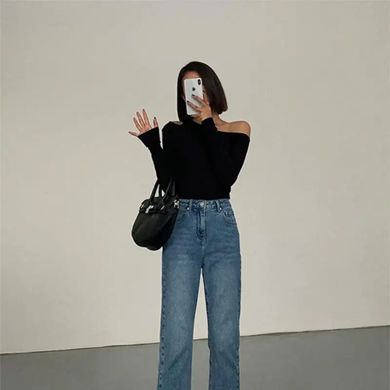 Ele Bla oulder Schuine oulder Base irt Dames Long Sve Polyester Spandex Blend Faionable Basislaag Top