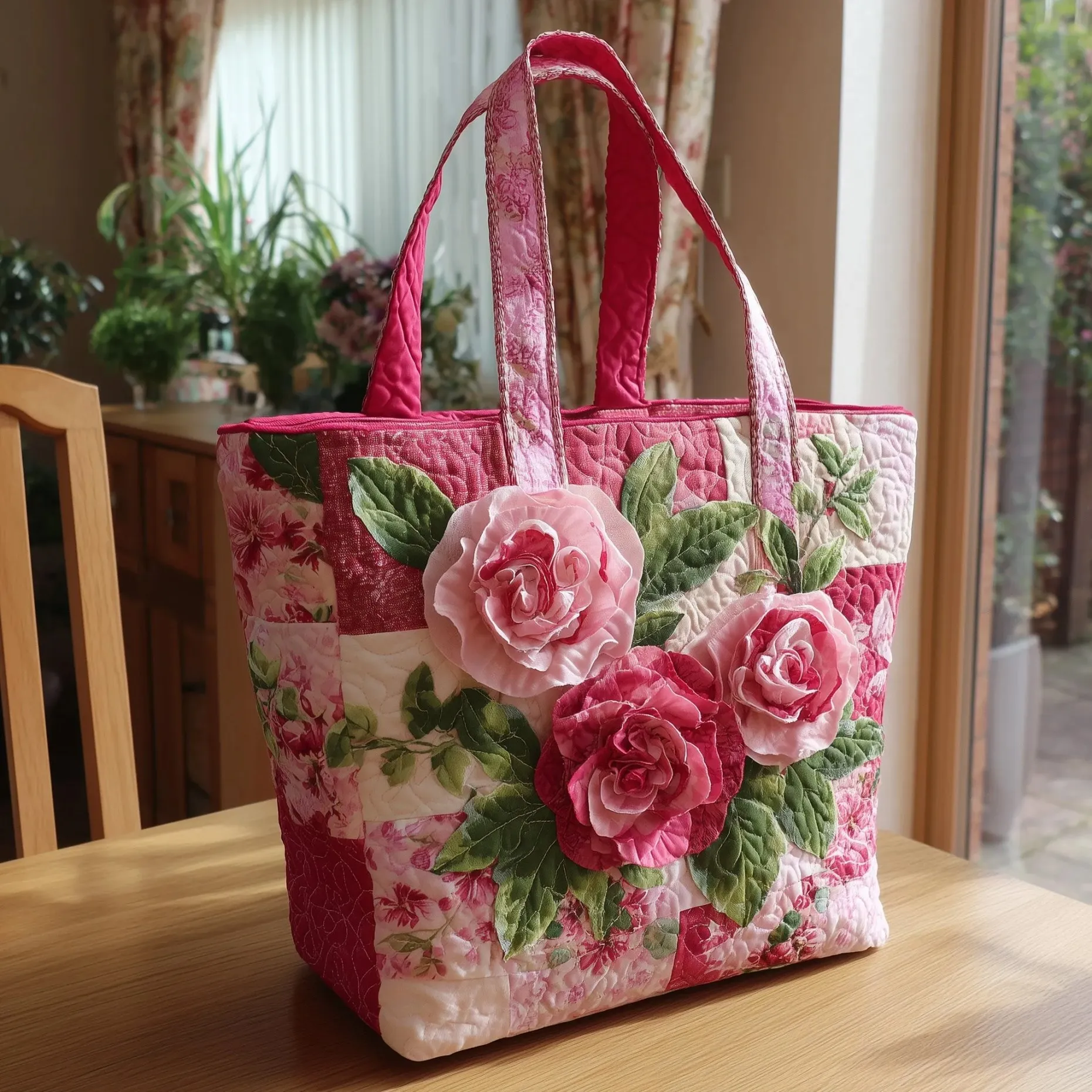 Sweet Pink Rose Patchwork Quilted Tote Bag Romantic Floral Print Handbag Weekend Shopping Daily Use Shoulder Bag