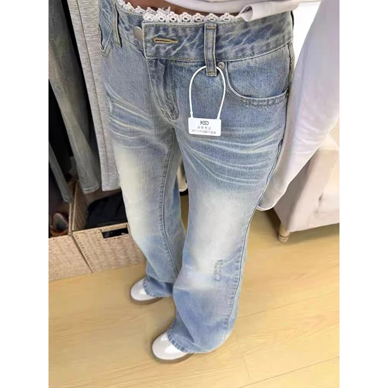 ZHIZOU Damskie Jeansy Rozszerzane z Niskim Stanem Japońskie Amerykańskie Retro Jeansy Koreańskie Spodnie Denimowe Abi Y2k Bell Bottom High Street Grunge Nowe