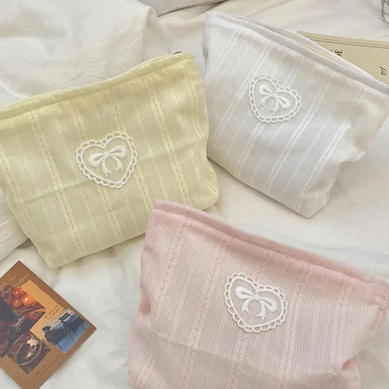 

INS Korean Cosmetic Bag for Girl Sweet Embroidery Bow Striped Makeup Case Portable Travel Earphone Cable Storage Bag