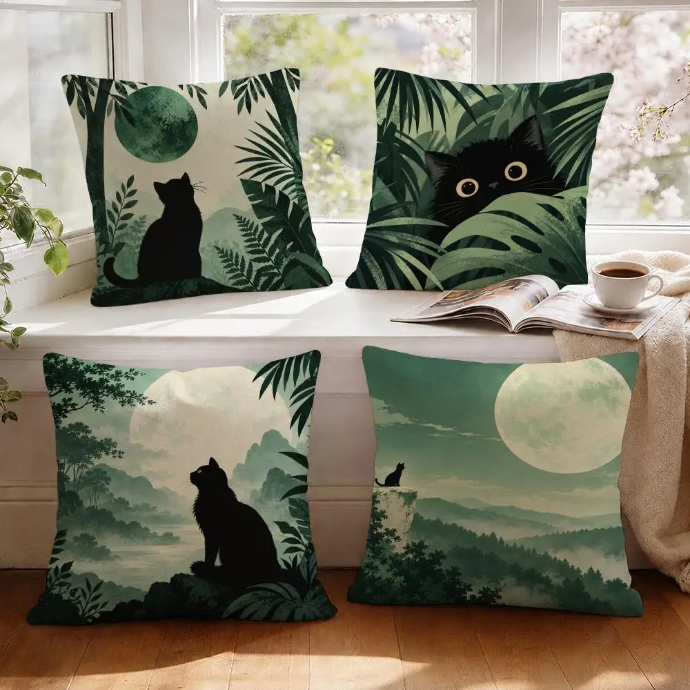 Forest Cat Wall Art Cushion Cover 1/4Pcs Linen Throw Pillow Covers Double-Side Print Sofa Couch Living Room Decor