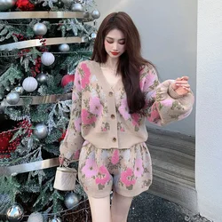 2024 Autumn Winter New Set Temperament Small Fragrance Style Fashionable Knitted Cardigan Sweater @ Shorts Two-Piece Set