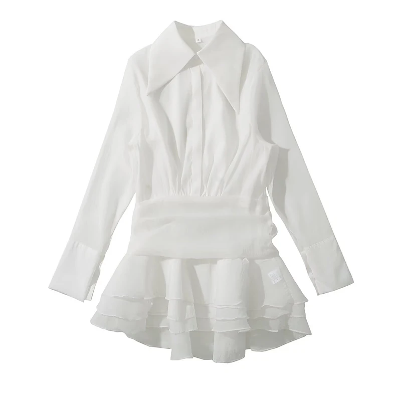 New Women Sexy Semi-Sheer White Shirt Dress Front Button Hem Ruffle Female Long Sleeve Mini Dresses