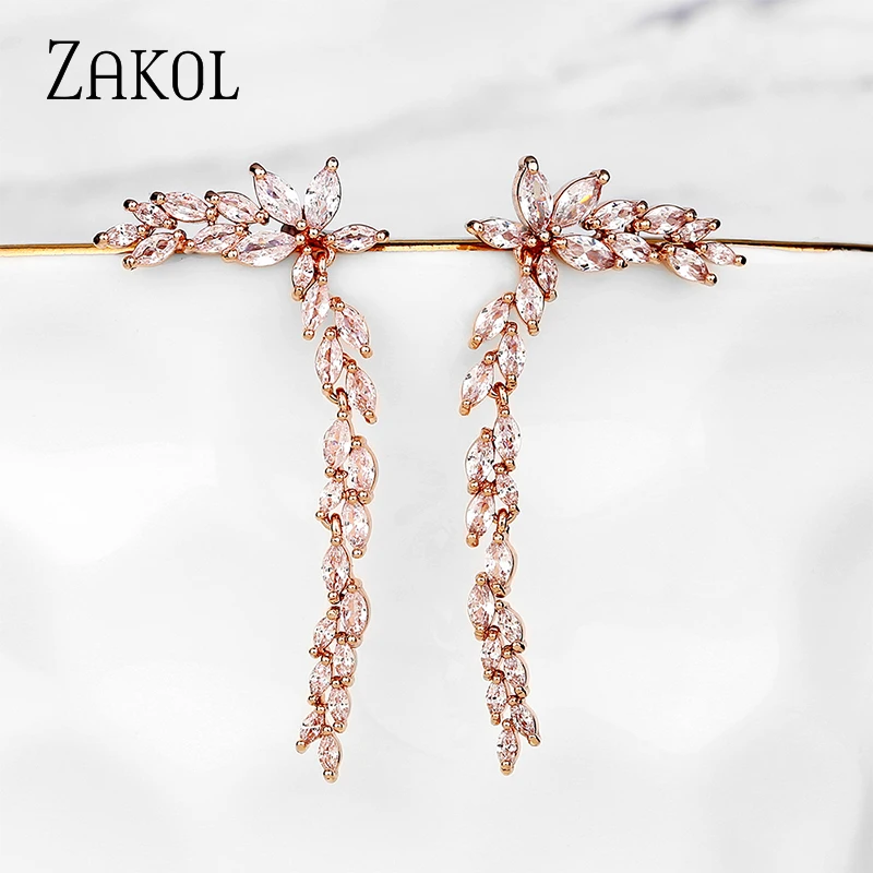 ZAKOL High Quality Luxury Bling Cubic Zirconia Leaf Long Dangle Earrings for Women Fashion Wedding Party Jewelry EP2943