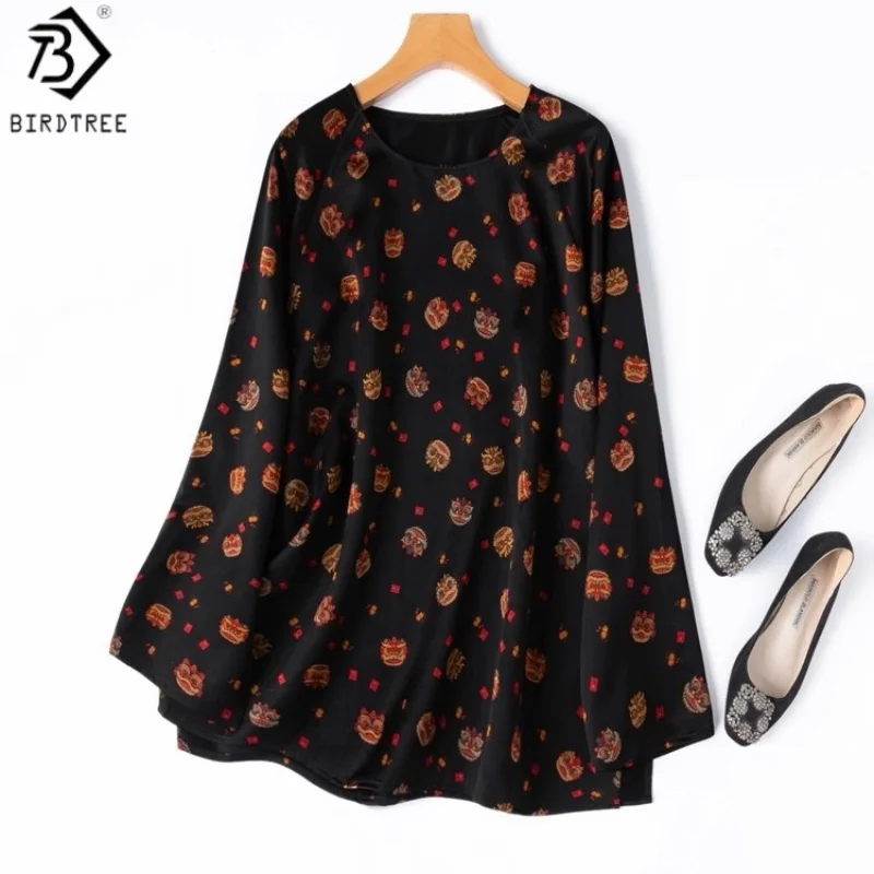 

Birdtree 100% шелковая рубашка с принтом льва, женская свободная блузка с круглым вырезом и длинными рукавами, топы, новинка 2025 года, T57338JF
