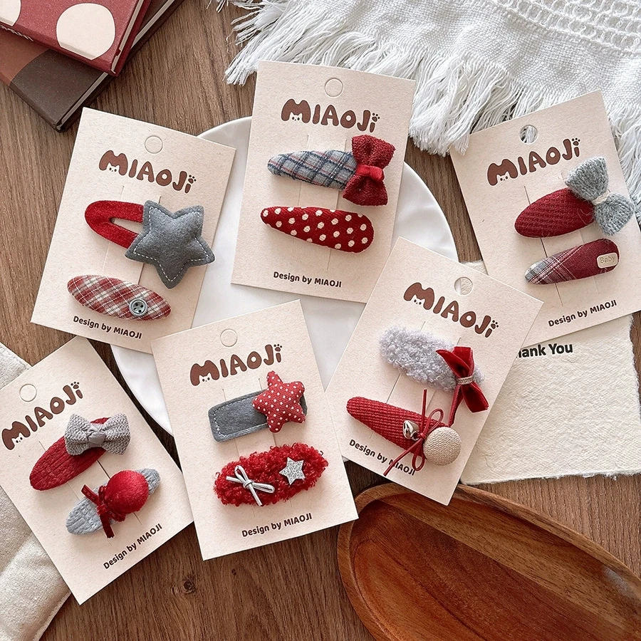 Girls Snap Clips Children Red Hair Clip Baby Bows Hair Accessories Kids Side Clips Toddler Handmade Hairclips Christmas Hairclip