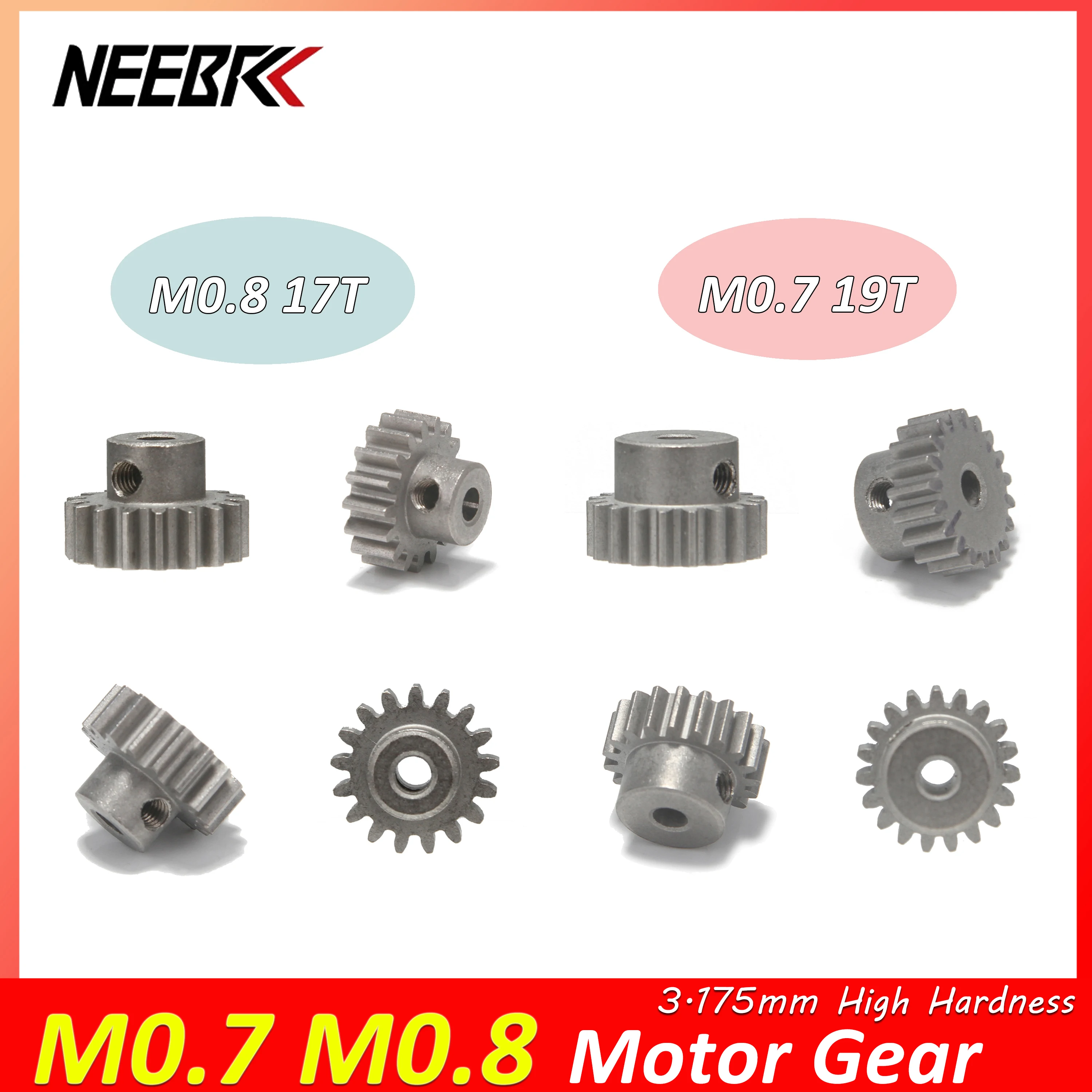 NEEBRC M0.7 M0.8 Motor Gear 3.175mm 17T 19T Metal Pinion for RC Drifit Car On-road Vehicle Off-road Toy Brushless Brushed Parts