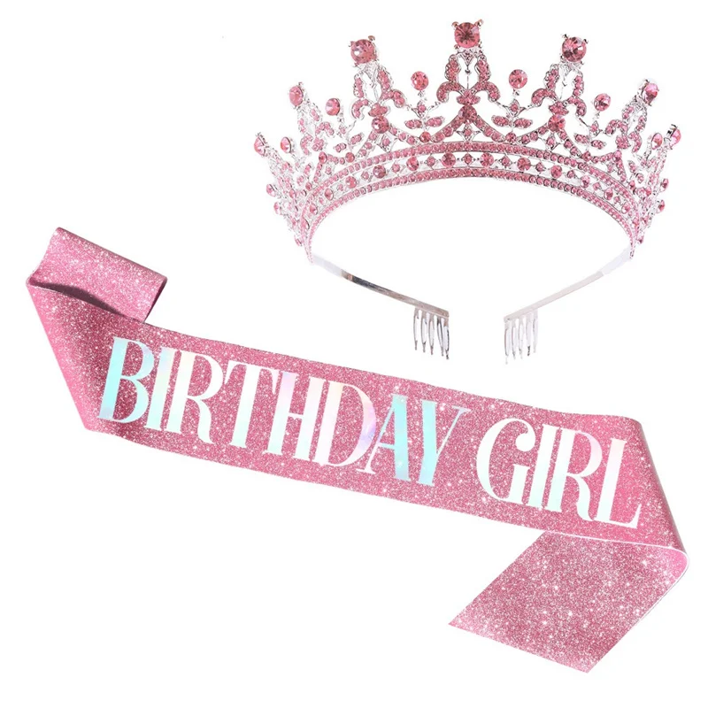 Bling Rhinestone Crystal Crown Tiara Birthday Girl Queen Sash and Crown for Women Birthday Party Decoration Kit