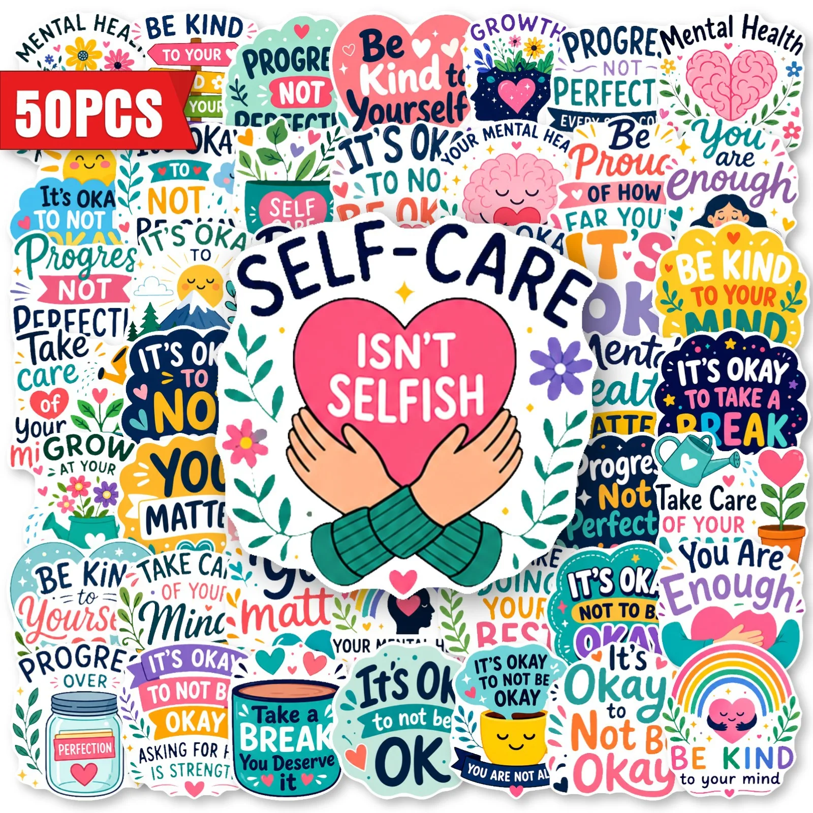 50 PCS Self Care Healing English Mental Health Kindness Quote Stickers Pack Decorate Scrapbook Laptop Removable Decals