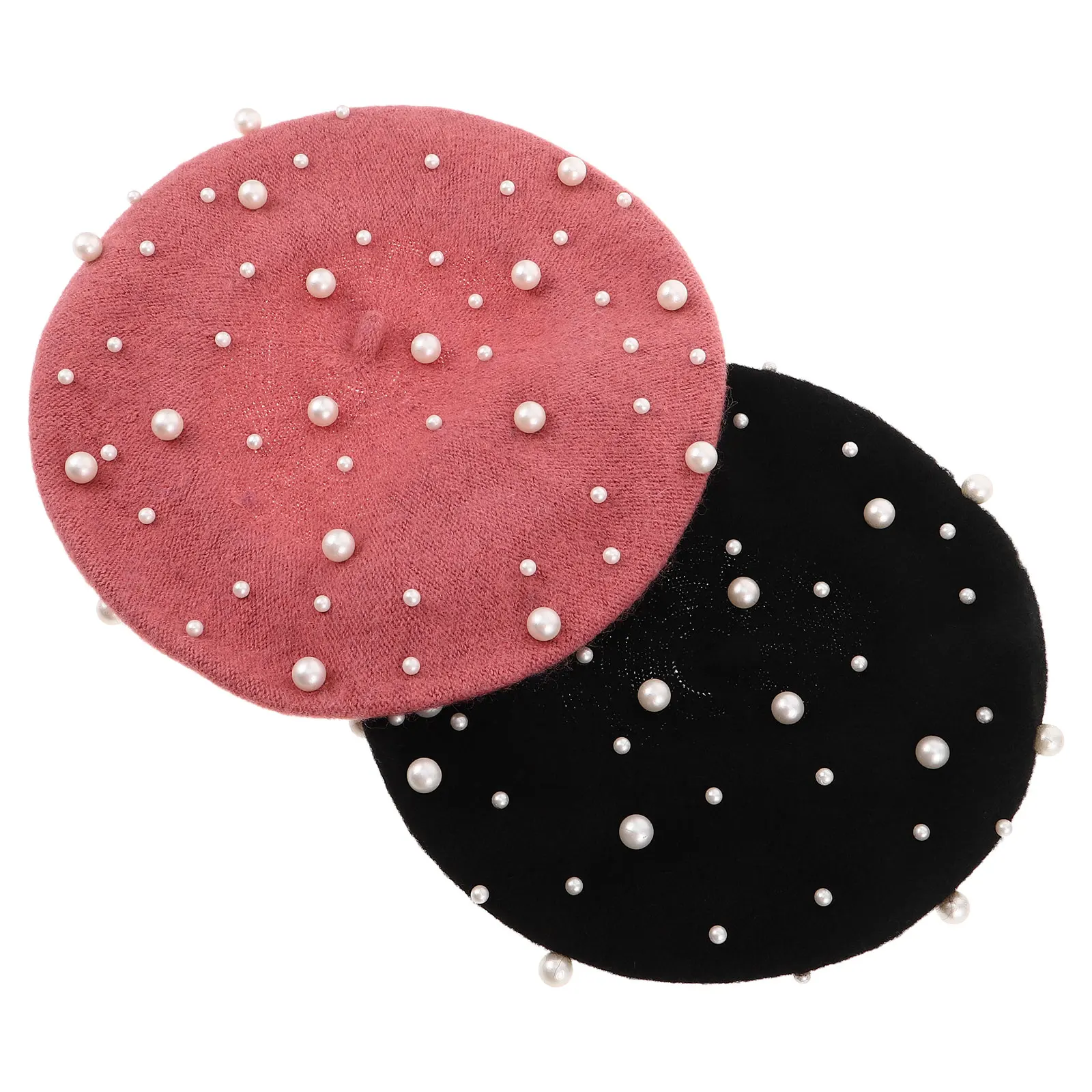 

2pcs Women Wool Beret Hat Vintage French Style Solid Color Winter Cap With Pearl Embellishment For Daily Casual Travel Parties