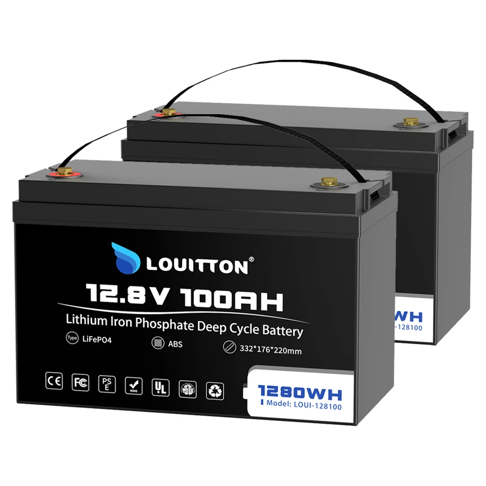 

2Pcs 12.8V 100Ah LiFePO4 Battery Built-in 100A BMS 6000 Cycles Series/Parallel for Solar System Home System Caravan Life Trolley