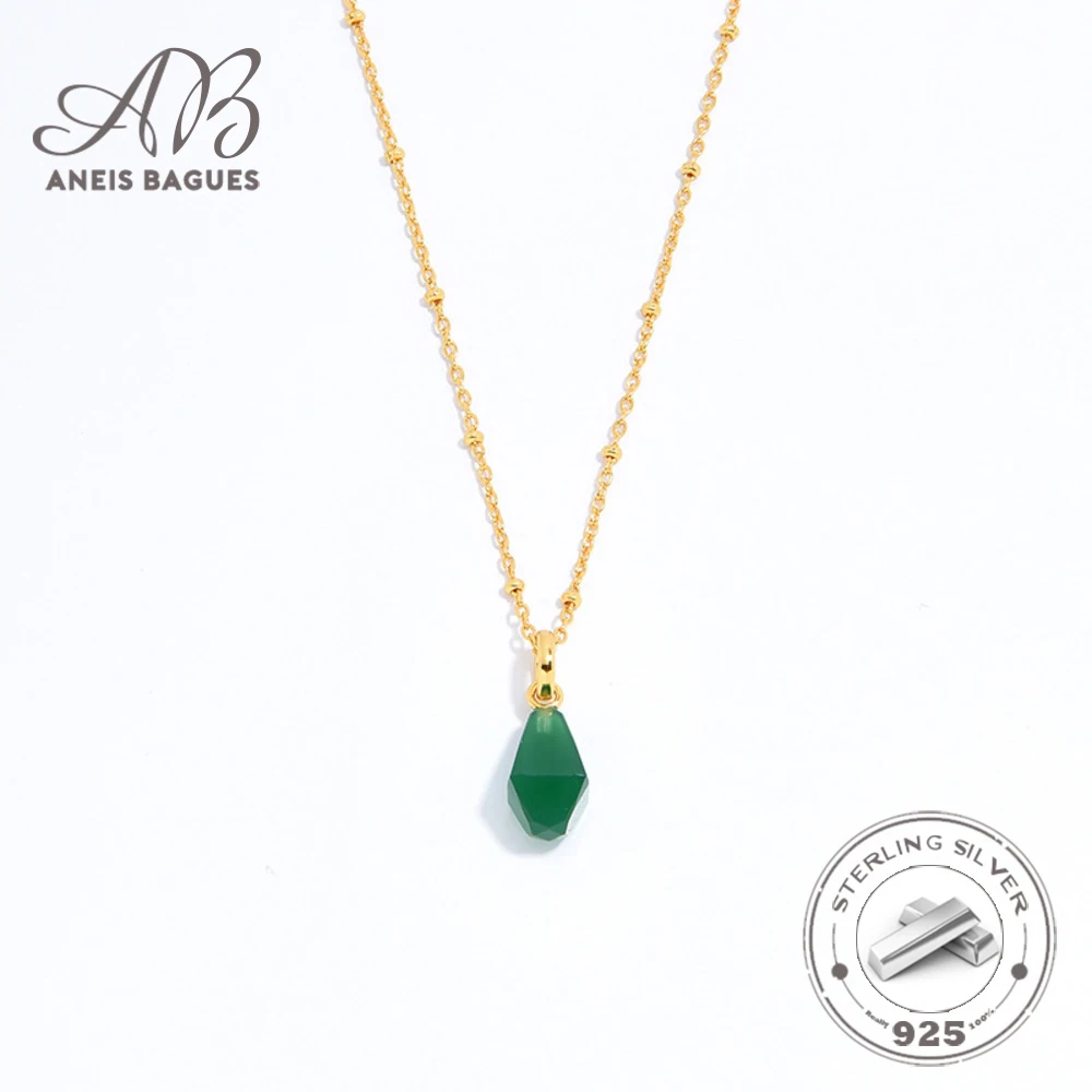 Aneis Bagues Vintage Natural Geometric Green Agate Pendant 925 Sterling Silver Gold Plated Chain Necklace For Women Fine Jewelry