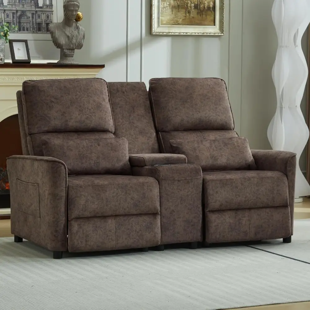 

63 Velvet Fabric Double Camper Couch, 2 Seater Recliner with Ottoman, Home Theater Seating for Living Room, Brown