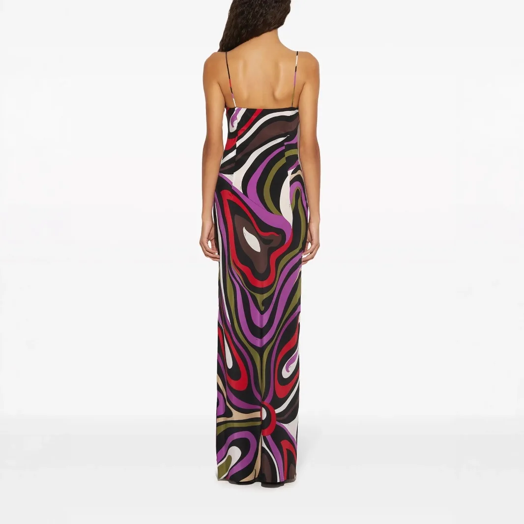 Sommer Bedruckte Satin Hosenträger Rückenfreie Lange Rock Kleider Für Frauen Side Split Secy V-ausschnitt Elegante Abend Party Maxi Kleid Y2k